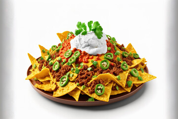 Wall Mural - Nachos made with corn chips, guacamole, and fried minced meat isolated on white. Generative AI