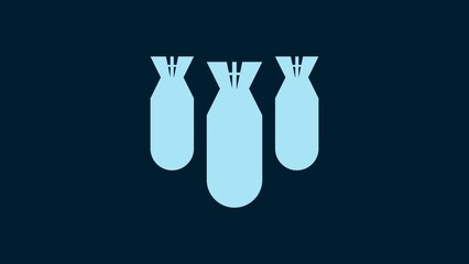 Poster - White Aviation bombs icon isolated on blue background. Rocket bomb flies down. 4K Video motion graphic animation