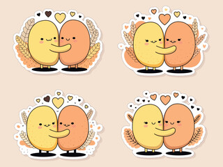 Sticker - Sticker Style Embracing Potato Couples Set Against Peach Background.