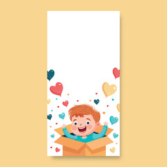 Poster - Excited Cute Boy With Heart Balloons Coming Out From Inside Surprise Box And Copy Space. Vertical Banner Or Template Design.