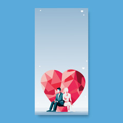 Poster - Vector Illustration of Young Couple Sitting On Podium With Red Polygonal Heart On Blue Background And Copy Space.