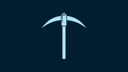 Sticker - White Pickaxe icon isolated on blue background. Blockchain technology, cryptocurrency mining, bitcoin, digital money market, cryptocoin wallet. 4K Video motion graphic animation