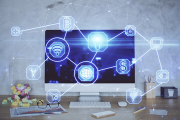 Poster - Computer on desktop with social network hologram. Double exposure. Concept of international people connections.