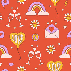 Wall Mural - Groovy romantic seamless pattern in trendy retro 60s, 70s cartoon style. Vector colorful background for Valentine's Day.