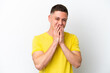 © luismolinero - Young brazilian man isolated on white background happy and smiling covering mouth with hands