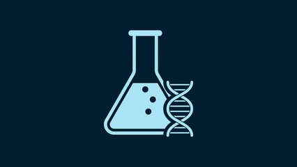 Poster - White DNA research, search icon isolated on blue background. Genetic engineering, genetics testing, cloning, paternity testing. 4K Video motion graphic animation