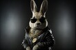 Rabbit in gangster look with wearing sunglasses and gold chain and expensive leather jacket. leather jacket. animal portrait. Generative AI