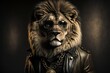 Lion in gangster look with wearing sunglasses and gold chain and expensive leather jacket. leather jacket. animal portrait. Generative AI