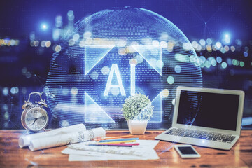 Poster - Double exposure of table with computer on background and data theme hologram. Data technology concept.