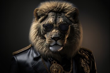 Lion in gangster look with wearing sunglasses and gold chain and expensive leather jacket. leather jacket. animal portrait. Generative AI