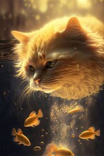 The Red Kitten Looks At A Goldfish Who Floats In An Aquarium