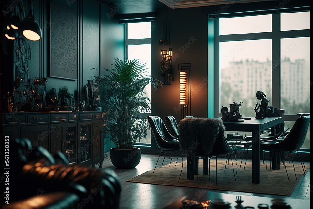 Image showcasing Apartment living room interior in cyberpunk city future. futuristic ...
