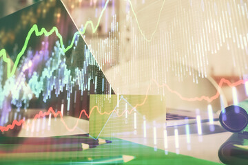 Aufkleber - Forex market graph hologram and personal computer on background. Multi exposure. Concept of investment.