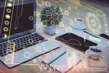 Poster - Double exposure of table with computer on background and data theme drawing. Concept of innovation.