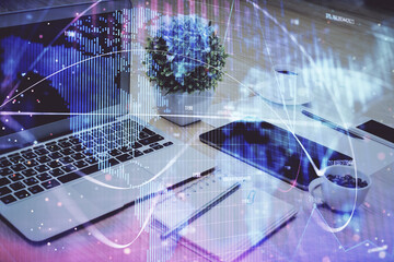 Aufkleber - Double exposure of business theme icons and work space with computer background. Concept of success.
