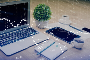 Poster - Double exposure of table with computer on background and data theme drawing. Concept of innovation.