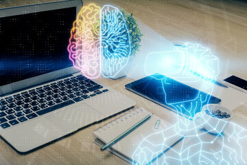 Poster - Computer on desktop with AR theme icon. Multi exposure. Concept of augmented reality.