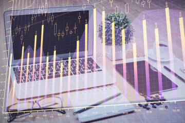 Poster - Forex market graph hologram and personal computer on background. Multi exposure. Concept of investment.