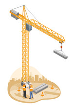 Engineer And Foreman Talking Under Hammerhead Tower Crane Heavy-duty Lifting System Construction Site Tools And Equipment Isometric Isolated Illustration