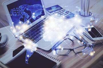 Poster - Double exposure of business theme icons and work space with computer background. Concept of success.