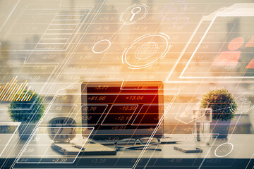 Poster - Double exposure of table with computer on background and data theme drawing. Concept of innovation.