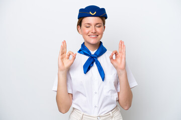 Wall Mural - Airplane stewardess woman isolated on white background in zen pose