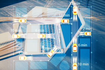 Poster - Desktop computer background in office with automobile hologram drawing. Multi exposure. Tech concept.