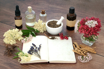 Canvas Print - Naturopathic herbal plant medicine preparation with valerian root, lavender, elderflower and ashwagandha . For old fashioned traditional alternative flower remedies to reduce stress. On rustic wood.