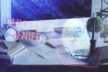 Aufkleber - Computer on desktop in office with finger print drawing. Double exposure. Concept of business data security.