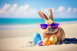 Fototapeta  - Easter Bunny with Easter eggs on the beach. Generative AI.