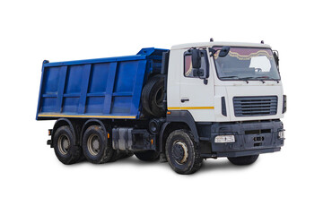 Wall Mural - Big car dump truck in blue color on a white isolated white background. Car for transportation of heavy bulk cargo. Construction equipment. Element for design.