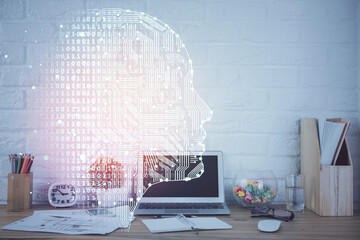 Poster - Double exposure of work space with computer and human brain drawing hologram. Brainstorm concept.