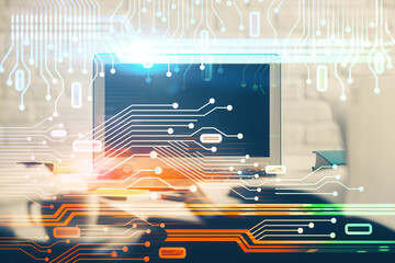 Poster - Multi exposure of desktop computer and technology theme hologram. Concept of software development.