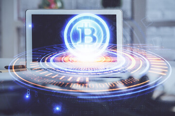 Poster - Multi exposure of blockchain and crypto economy theme hologram and table with computer background. Concept of bitcoin cryptocurrency.