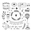 Cute love theme vector illustrations. Hand drawn love doodles