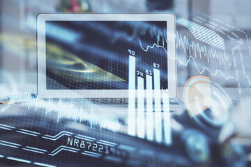 Aufkleber - Computer on desktop in office with technology theme hologram. Double exposure. Tech concept.