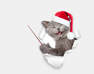 Poster - Happy kitten wearing red santa hat looking through the hole in white paper and pointing away on empty space