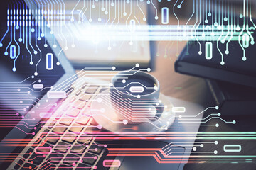 Aufkleber - Double exposure of desktop computer and technology theme hologram. Concept of software development.