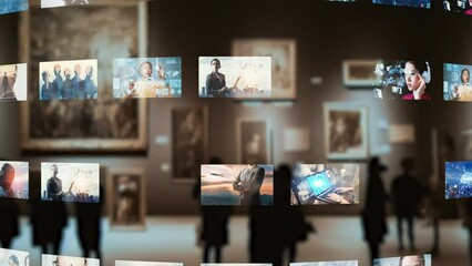 Poster - Group of people in virtual museum concept. 