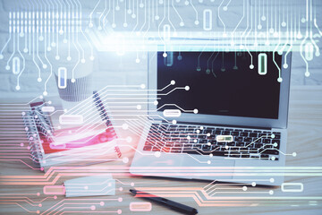 Aufkleber - Double exposure of desktop computer and technology theme hologram. Concept of software development.