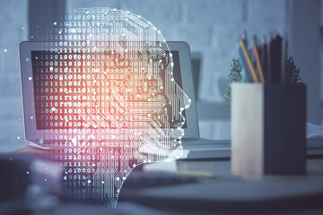 Poster - Multi exposure of work space with computer and human brain hologram. Brainstorm concept.