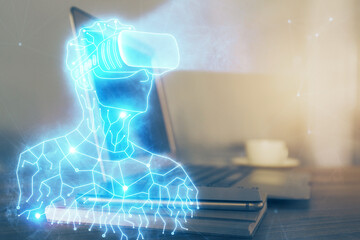 Poster - Computer on desktop with AR theme icon. Multi exposure. Concept of augmented reality.