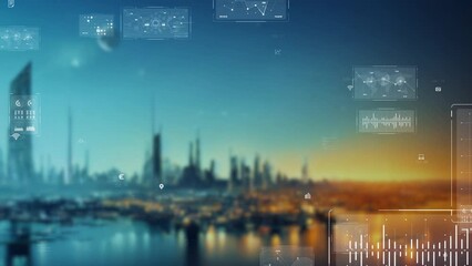 Poster - Futuristic city and digital data concept. Digital transformation.