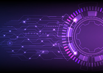 Fototapete - Abstract Hi-Tech Background. Tech circles. Glowing dotted curves with overlapping lines. a bright point on the intersection of the lines There are various gears and elements purple and blue background