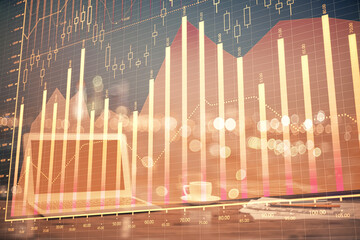 Wall Mural - Forex market graph hologram and personal computer on background. Double exposure. Concept of investment.