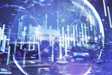 Poster - Multi exposure of business theme icons and table with computer background. Concept of success.