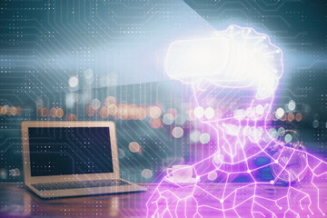 Poster - Computer on desktop with AR theme icon. Multi exposure. Concept of augmented reality.