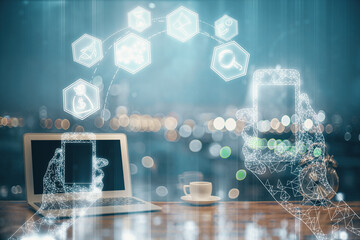 Poster - Computer on desktop in office with technology theme hologram. Multi exposure. Tech concept.