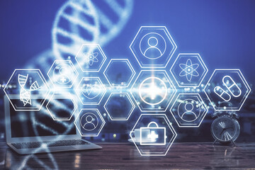 Poster - Desktop computer background and DNA drawing. Double exposure. Science concept.