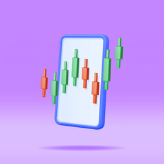 Poster - 3D Growth Stock Diagram on Mobile Phone. Render Stock Candle on Smartphone Shows Growth or Success. Financial Item, Business Investment, Financial Market Trade. Money and Banking. Vector Illustration